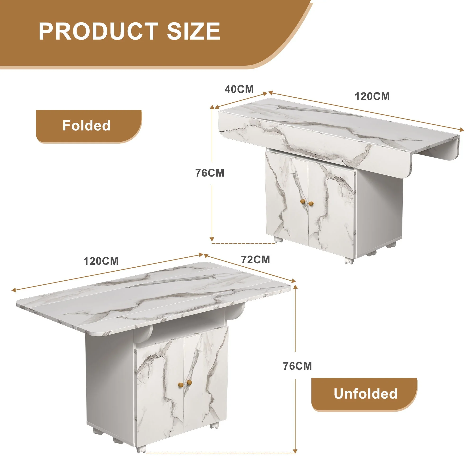 Versatile Marble Folding Dining Table With Storage Rack and Cabinet, 6 Wheels - White - Image 2