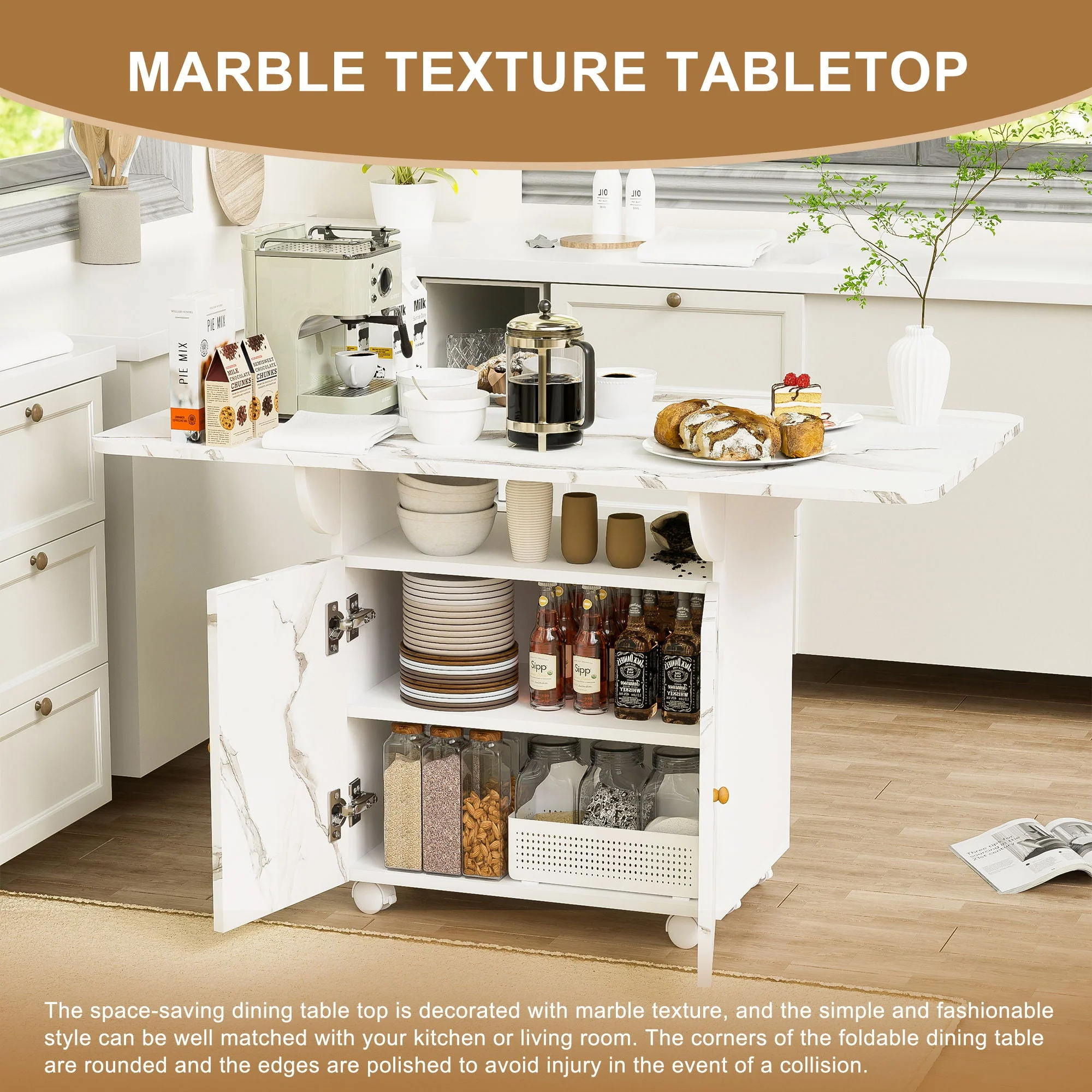 Versatile Marble Folding Dining Table With Storage Rack and Cabinet, 6 Wheels - White - Image 3