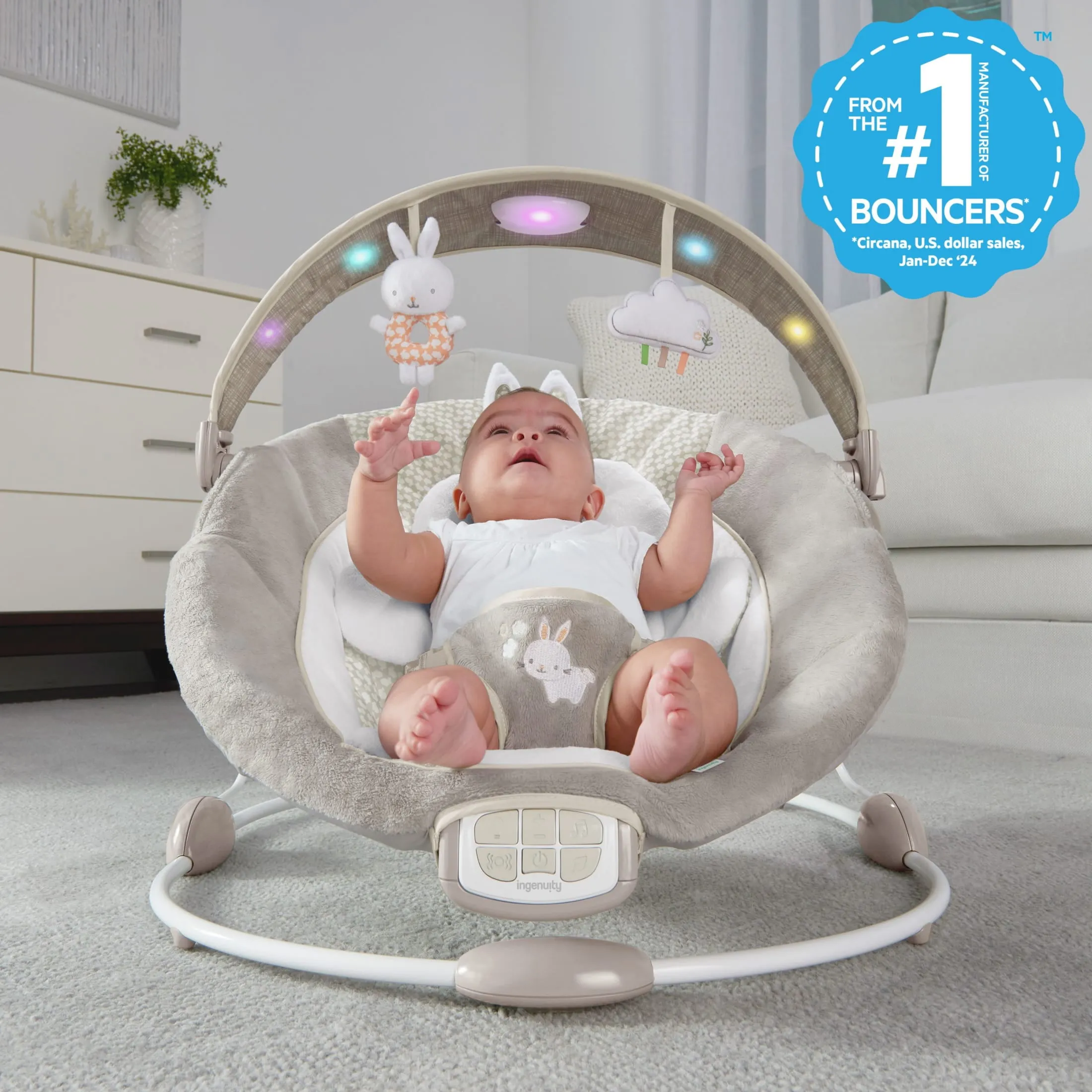 Vibrating Infant Baby Bouncer with Toy Bar - Grey - Image 2