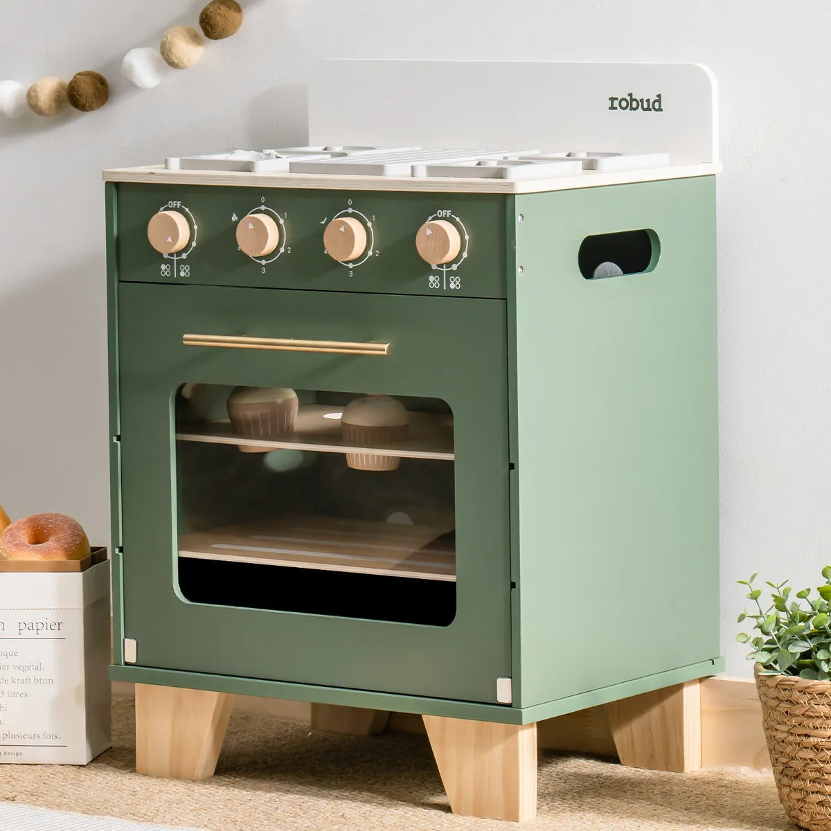 Vintage Kids Wooden Toy Kitchen Oven - Vintage Green - Image 8