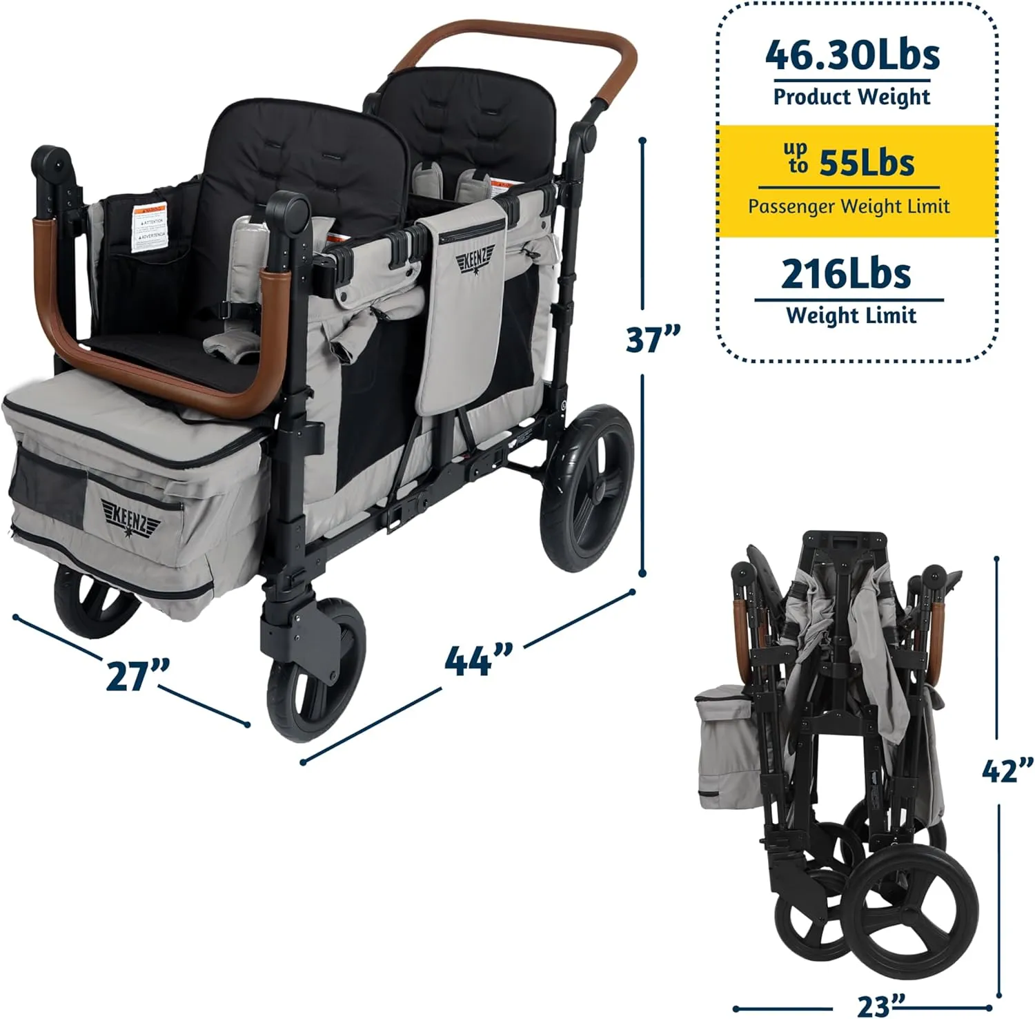 VYOO2 Stroller Wagon with Canopy 2 Seater - Grey - Image 3