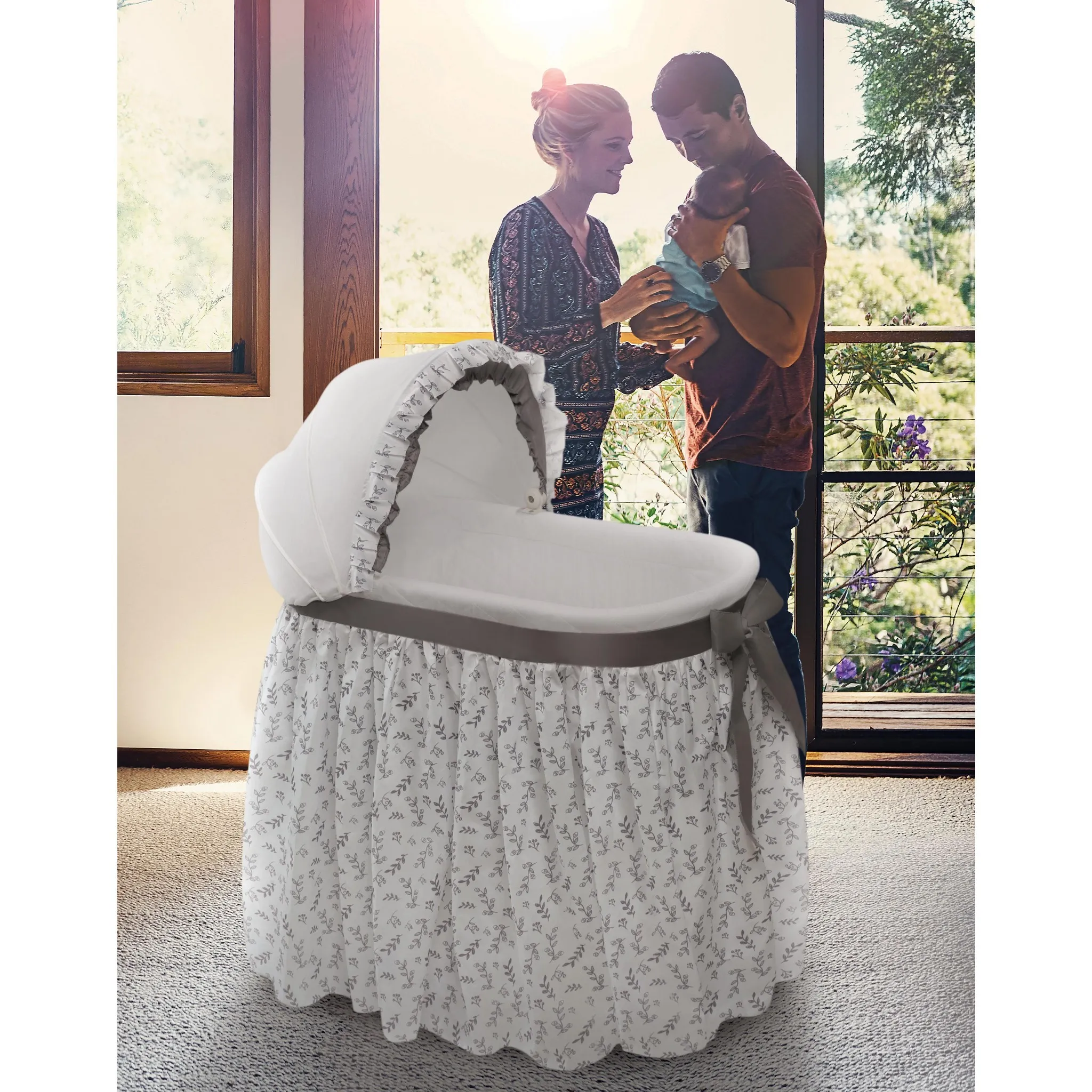 Wishes Oval Bassinet - Full Length Skirt - Gray/Leaf - Image 2