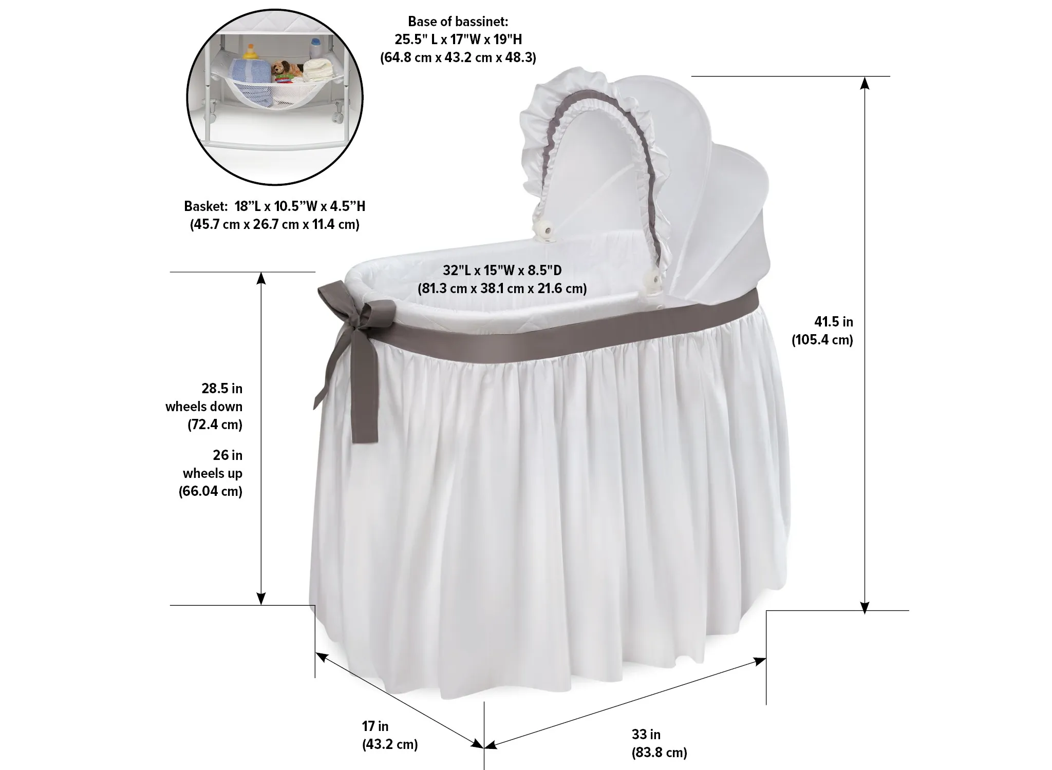 Wishes Oval Bassinet - Full Length Skirt - White/Gray - Image 2