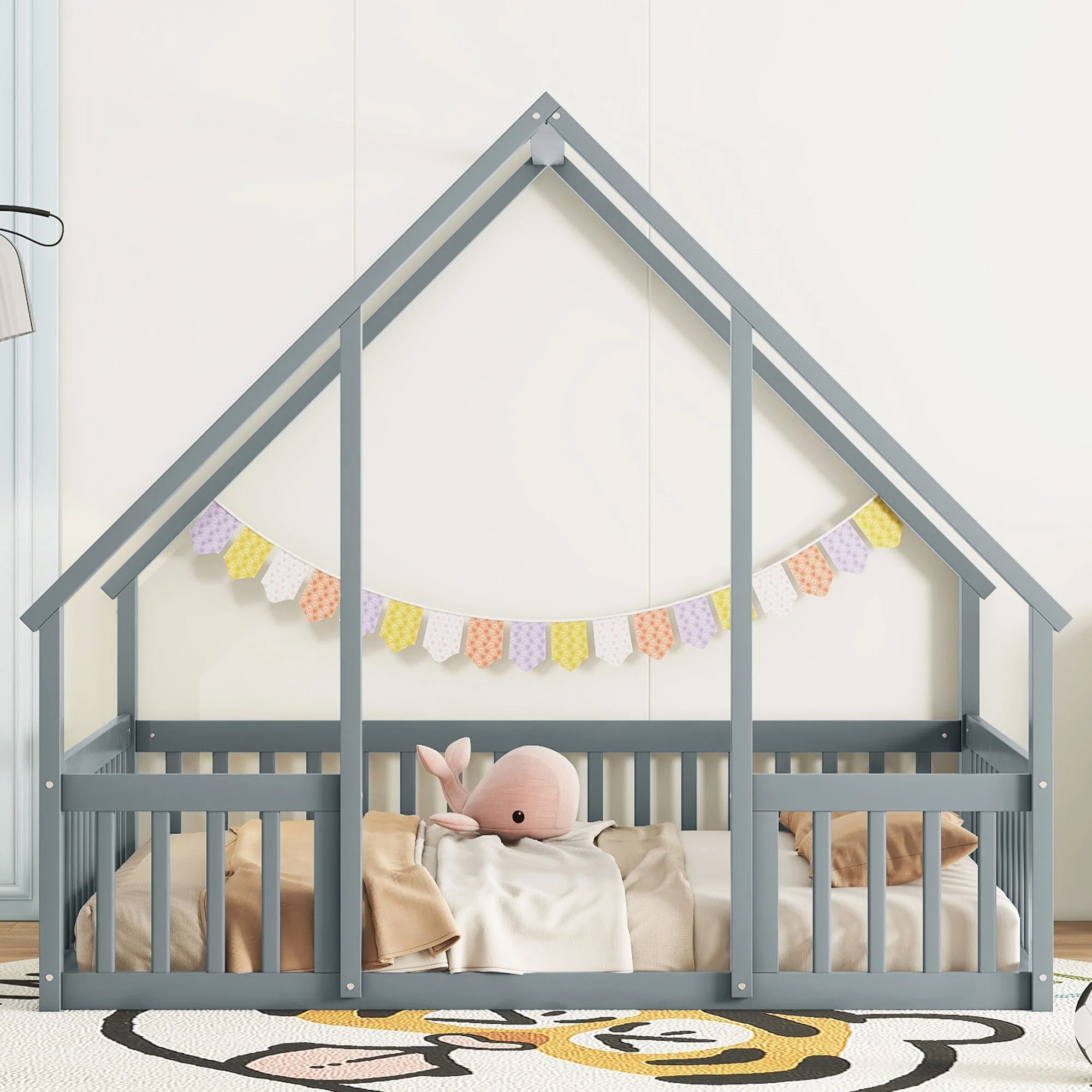 Wood House-Shaped Floor Bed With Fence, Guardrails - Image 15