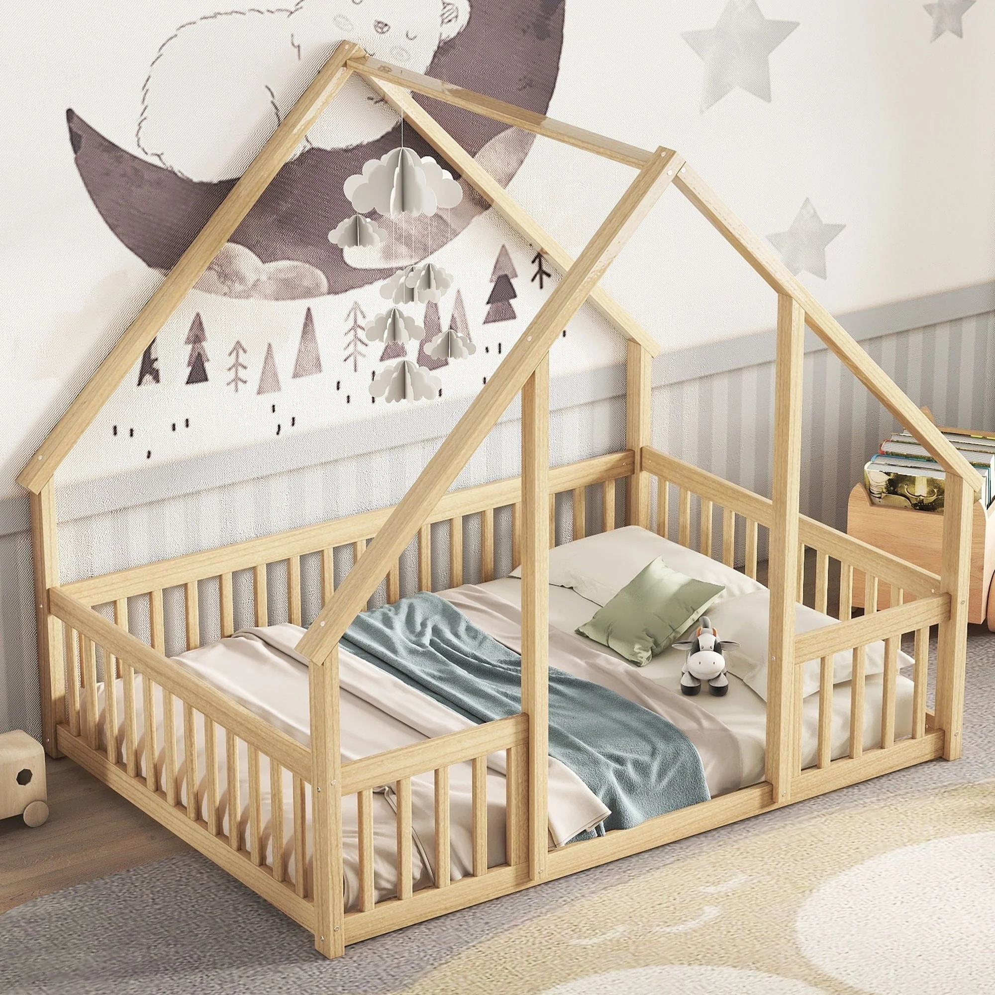 Wood House-Shaped Floor Bed With Fence, Guardrails - Image 24