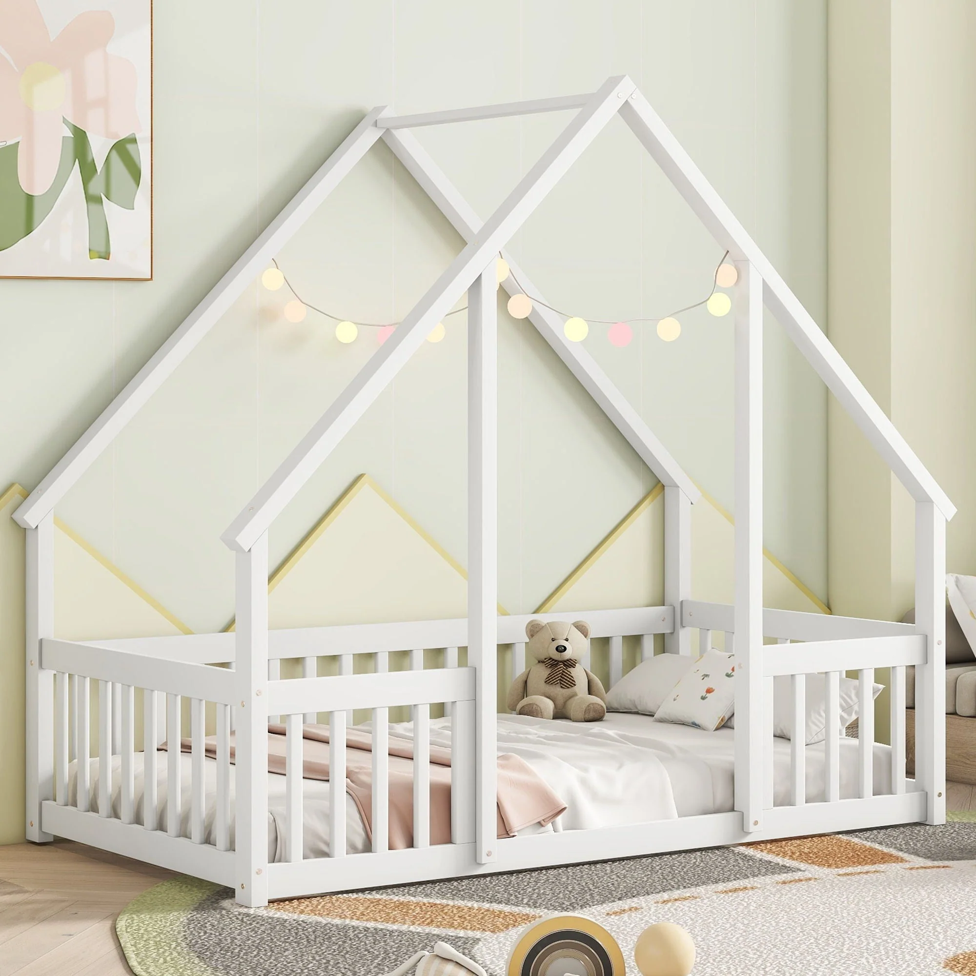 Wood House-Shaped Floor Bed With Fence, Guardrails - Image 3
