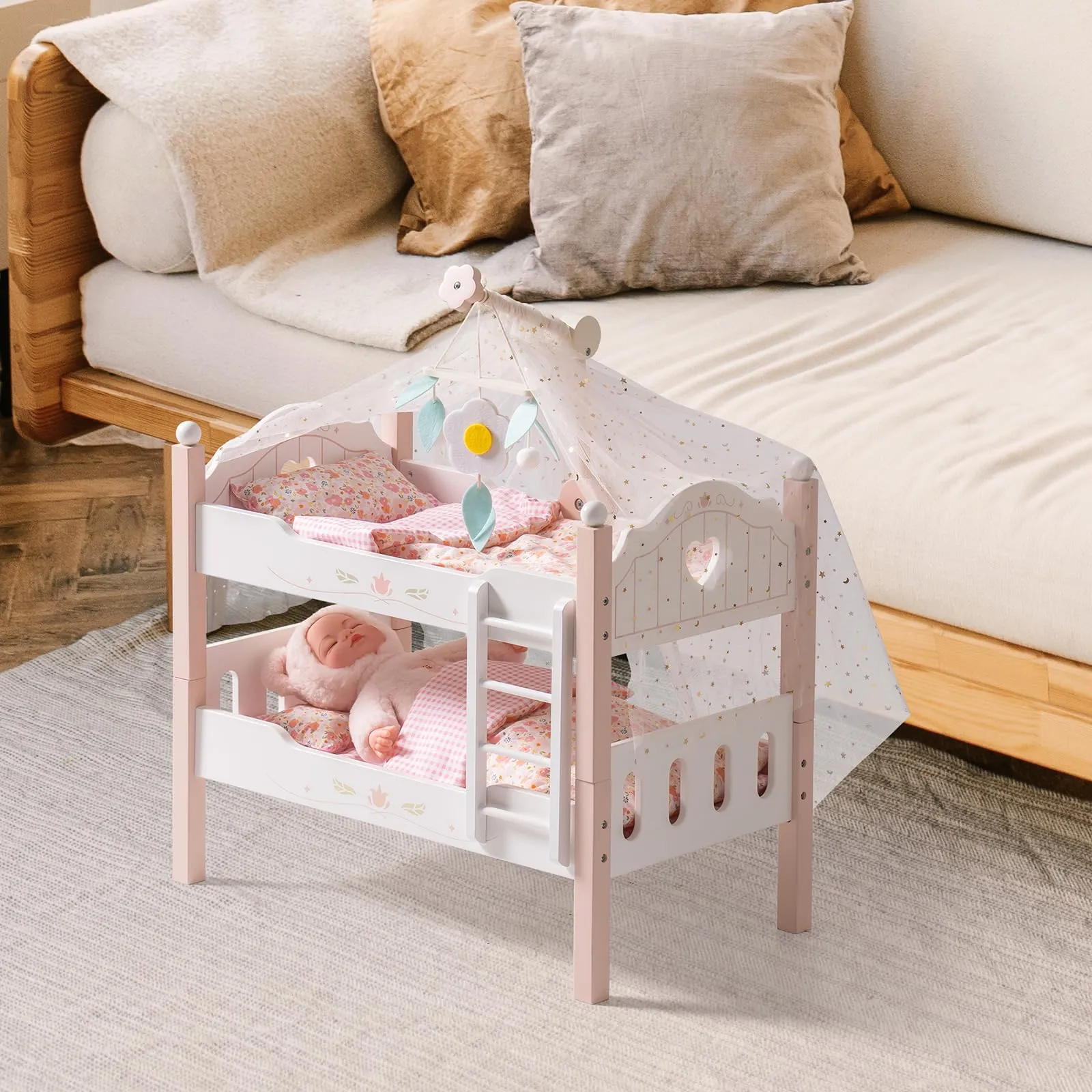Wooden Baby Doll Crib - Pink