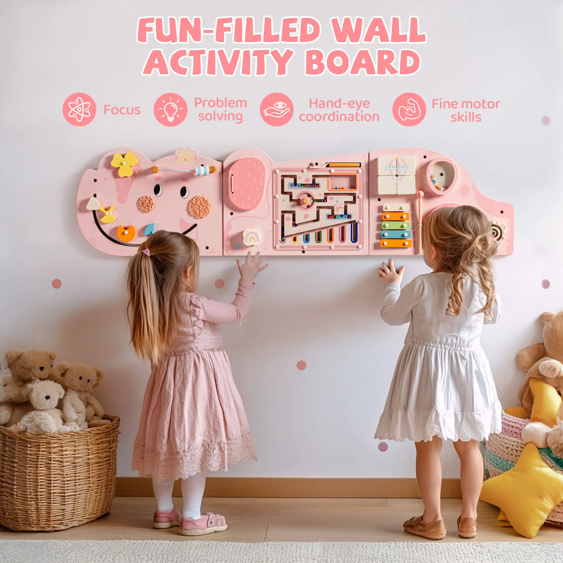 Wooden Cream Elephant Busy Board - Pink - Image 10