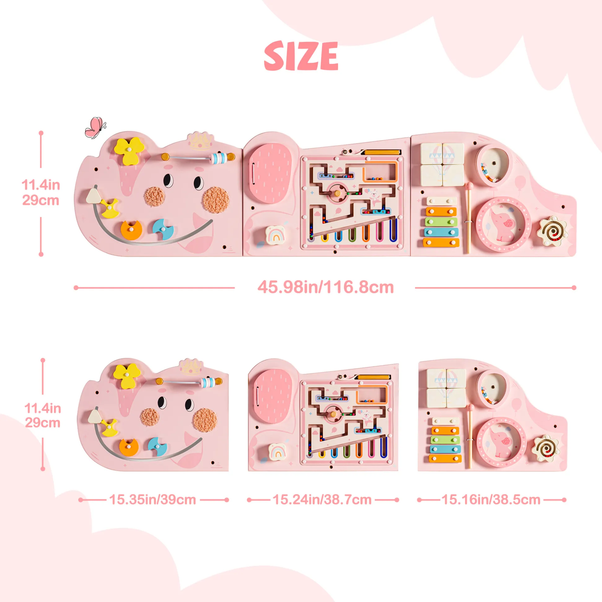 Wooden Cream Elephant Busy Board - Pink - Image 3