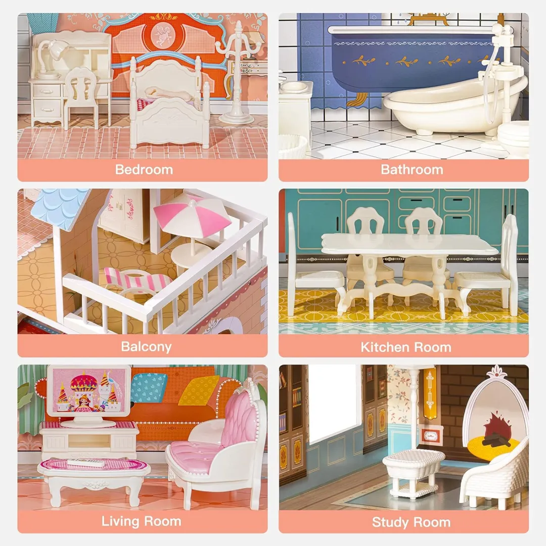 Wooden Dollhouse for Kids Girls with Furniture - Image 5