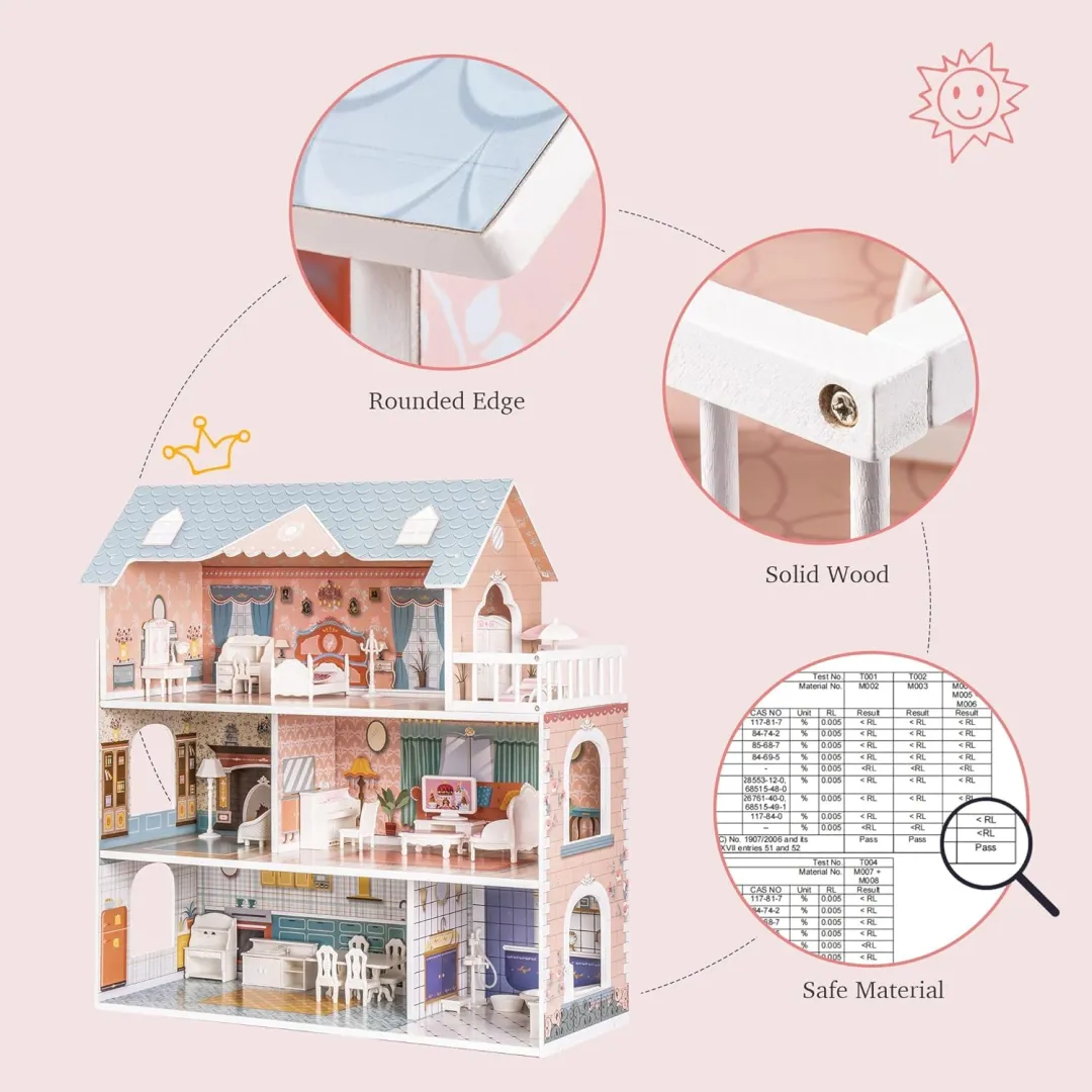 Wooden Dollhouse for Kids Girls with Furniture - Image 6