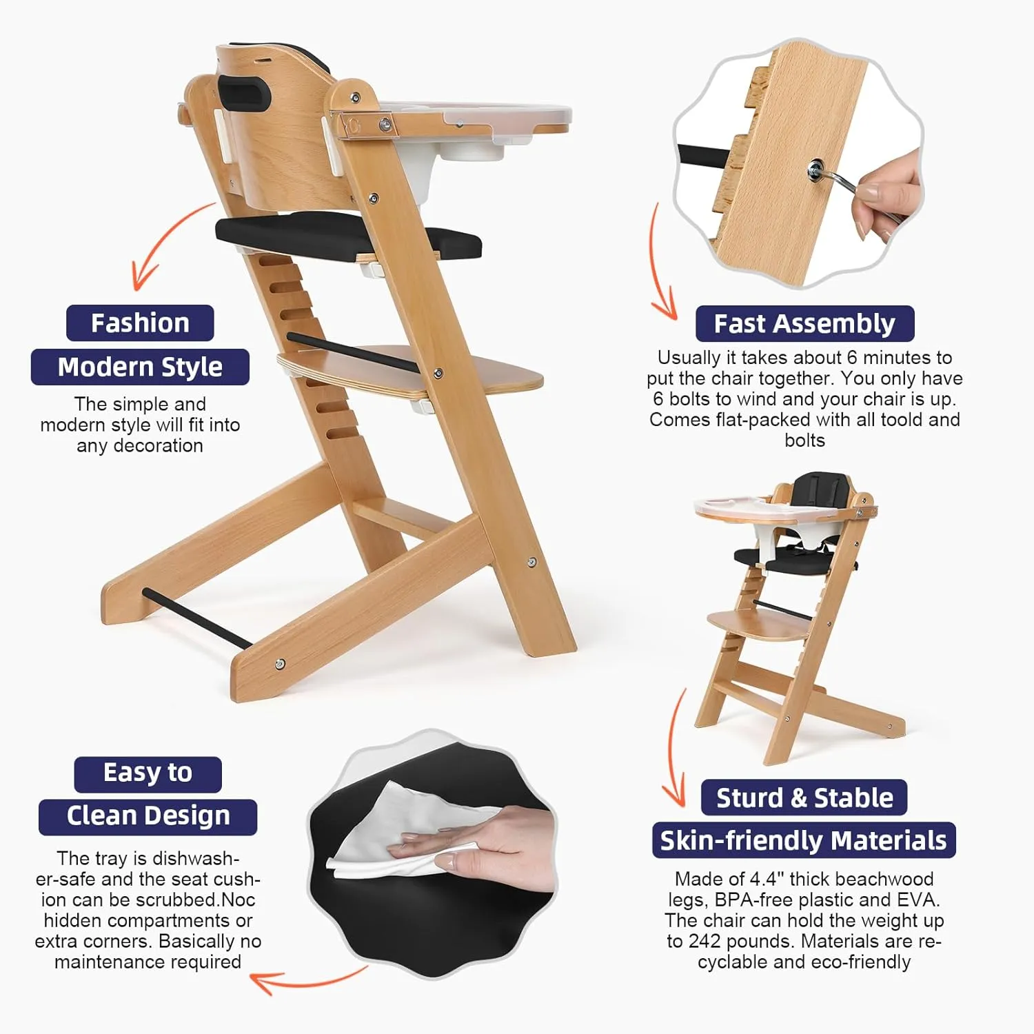 Wooden High Chair for Babies & Toddlers - Black - Image 3