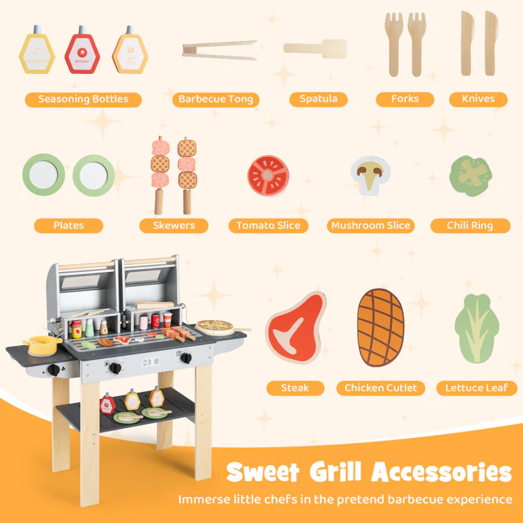 Wooden Kids Barbecue Grill Playset Kids Toy Grill With Abundant Grilling Tools and Play Foods - Image 8