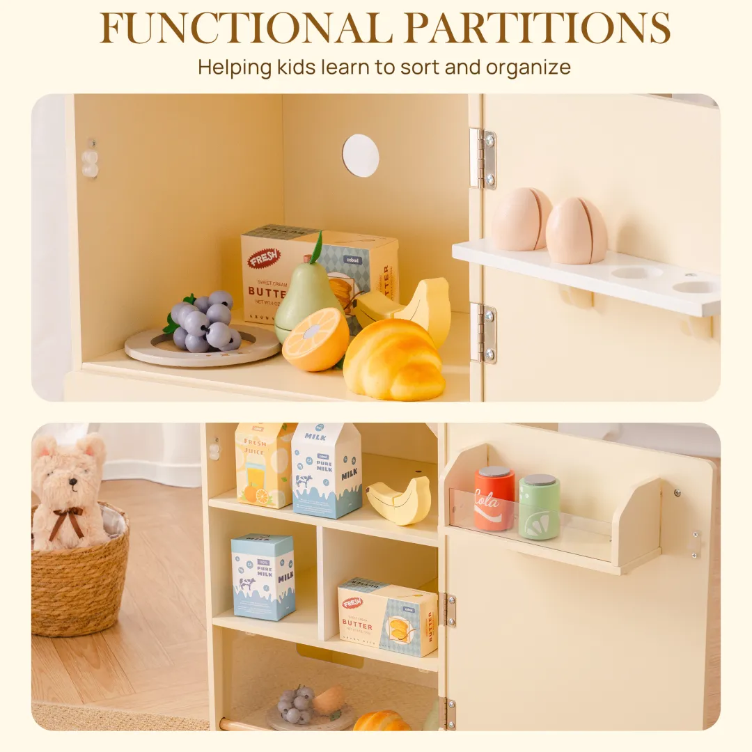 Wooden Kids Play Kitchen Fridge - Cream - Image 7