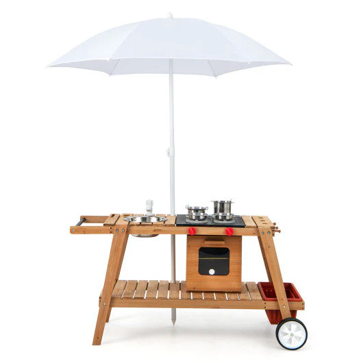 Wooden Play Cart With Sun Proof Umbrella for Toddlers Over 3 Years Old-Brown - Image 10