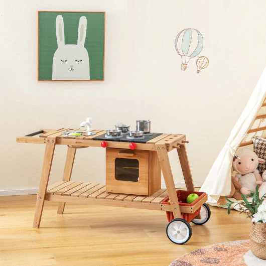Wooden Play Cart With Sun Proof Umbrella for Toddlers Over 3 Years Old-Brown - Image 9