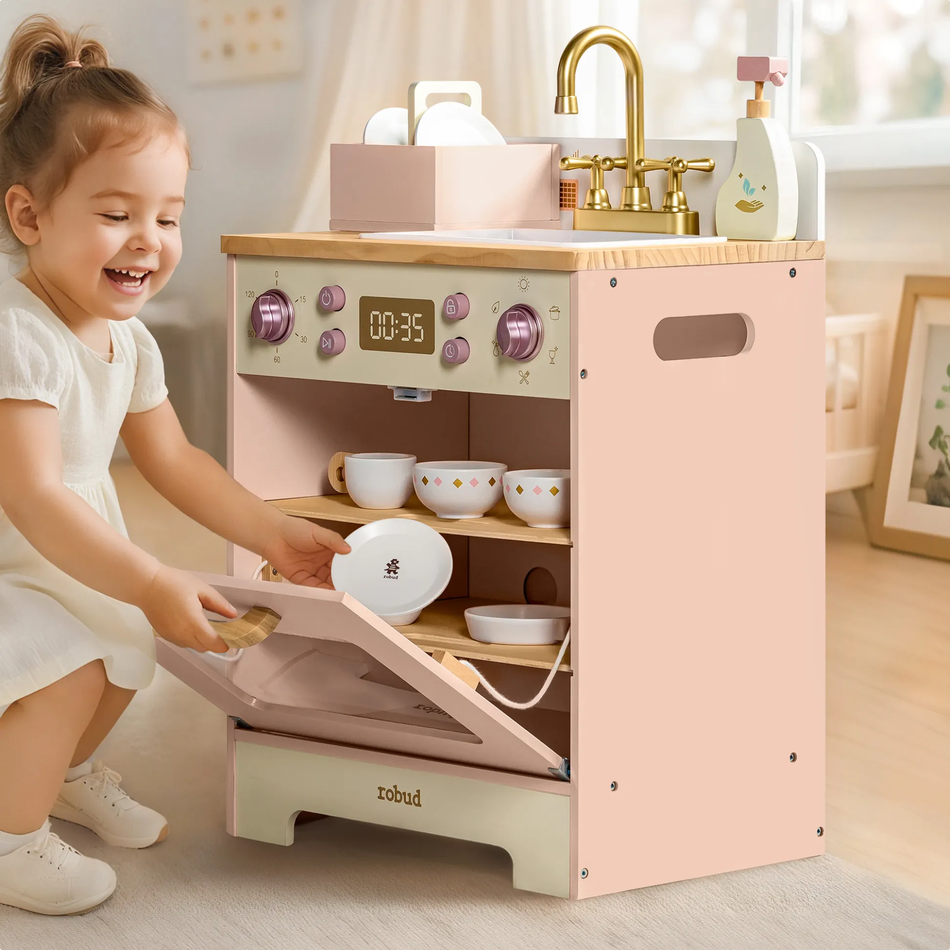 Wooden Play Dishwasher - Pink - Image 3