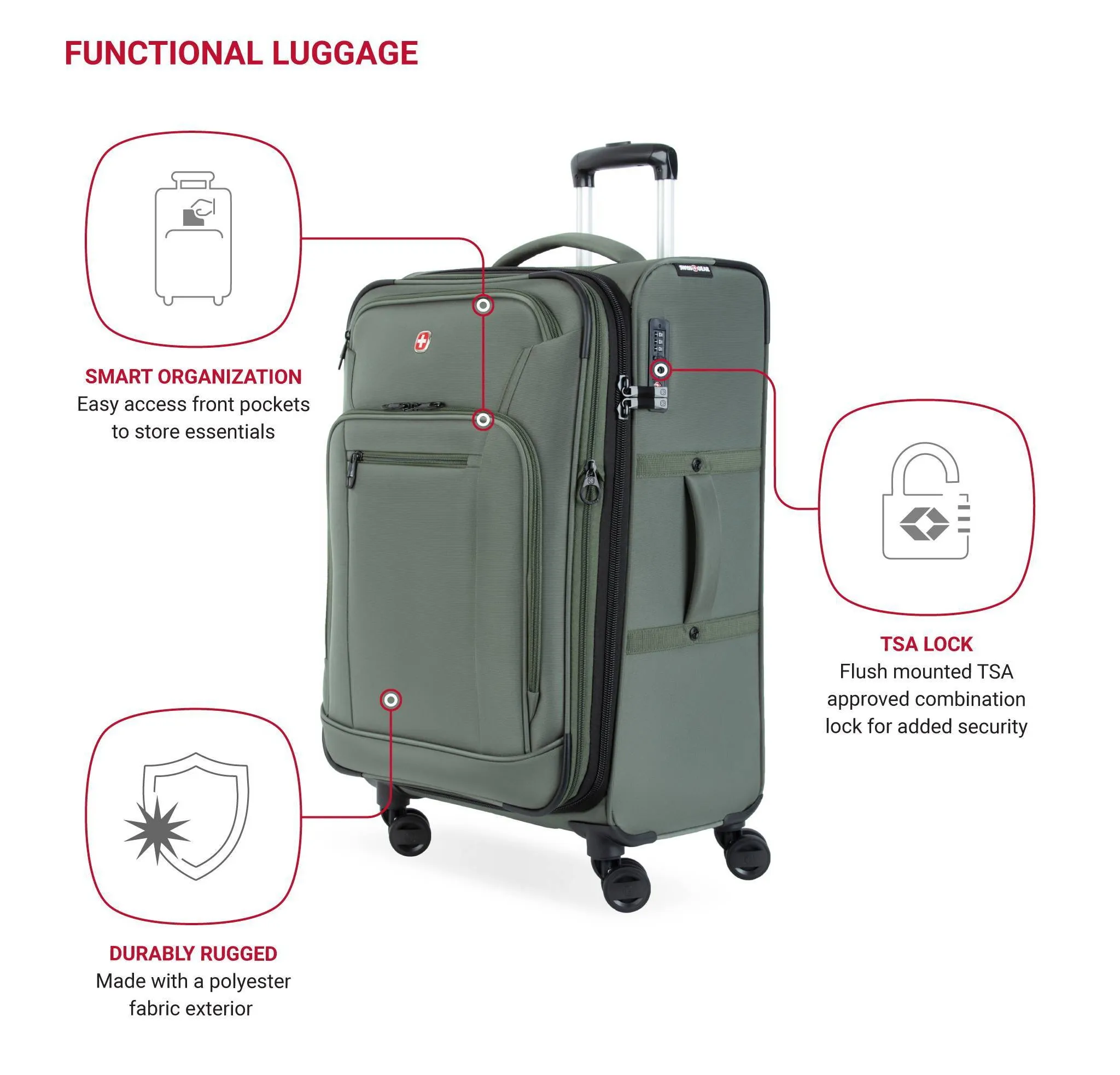 Zurich Softside Medium Checked Spinner Suitcase - Green: Tear-Resistant Luggage - Image 2